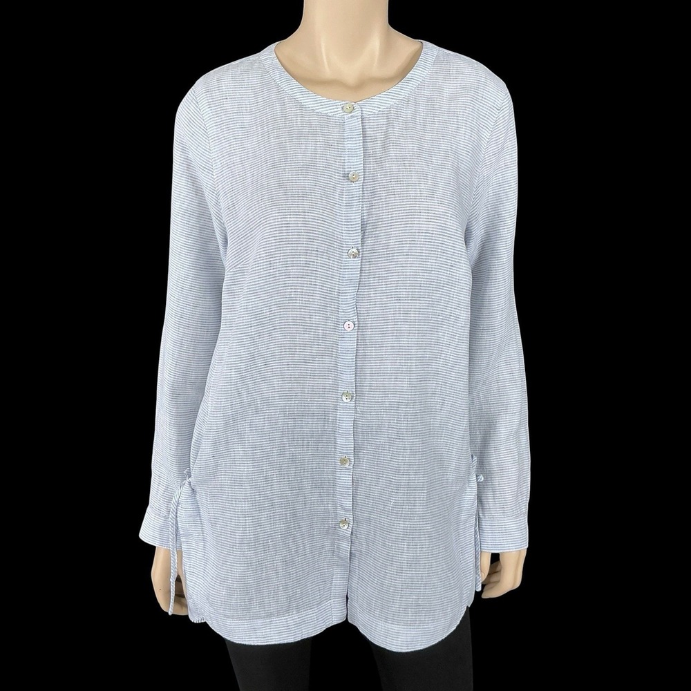 J Jill Tunic Women Medium Blue Long Sleeve Button Down Shirt Striped‎ Linen